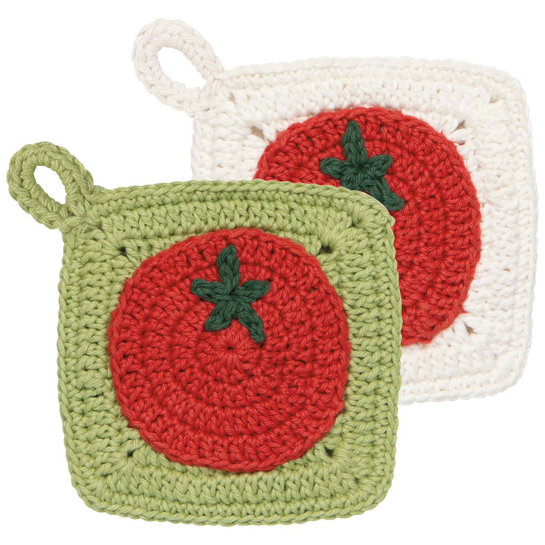 green and white crochet scrubbies with a crochet tomato on each one