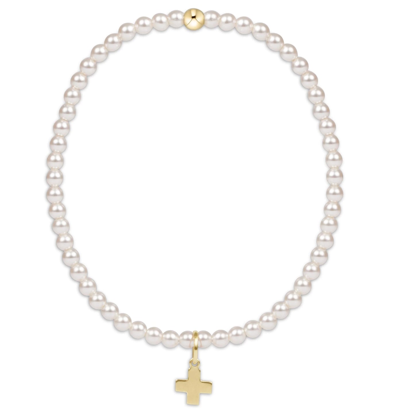 Classic Pearl 3mm Bead Bracelet, Signature Cross, Gold
