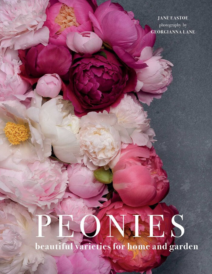 Peonies book cover featuring white text and pink peonie flowers