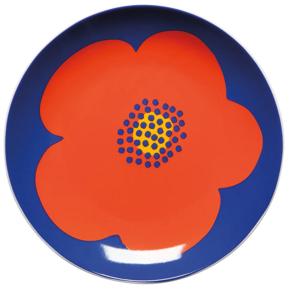blue plate with orange poppy design.