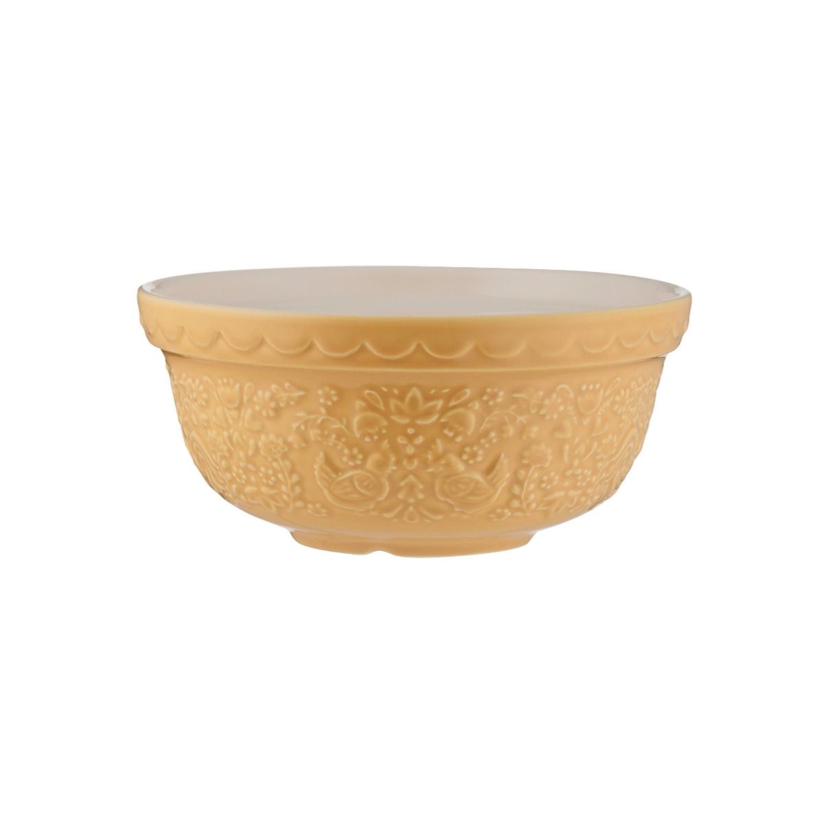 buttercup yellow mixing bowl with embossed florals and chickens on it