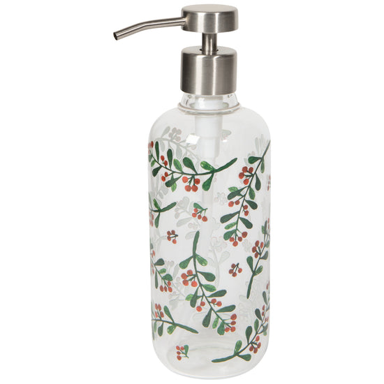 A clear glass soap disperser with a stainless steel pump, decorated with a printed winterberry pattern.