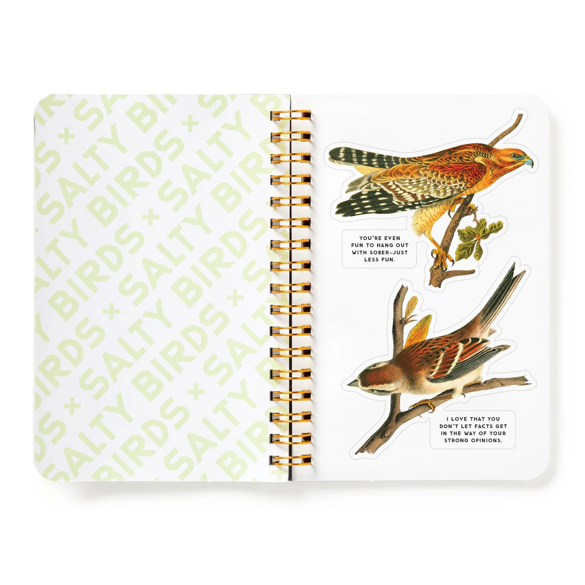 Notebook with bird stockers and text on a white background