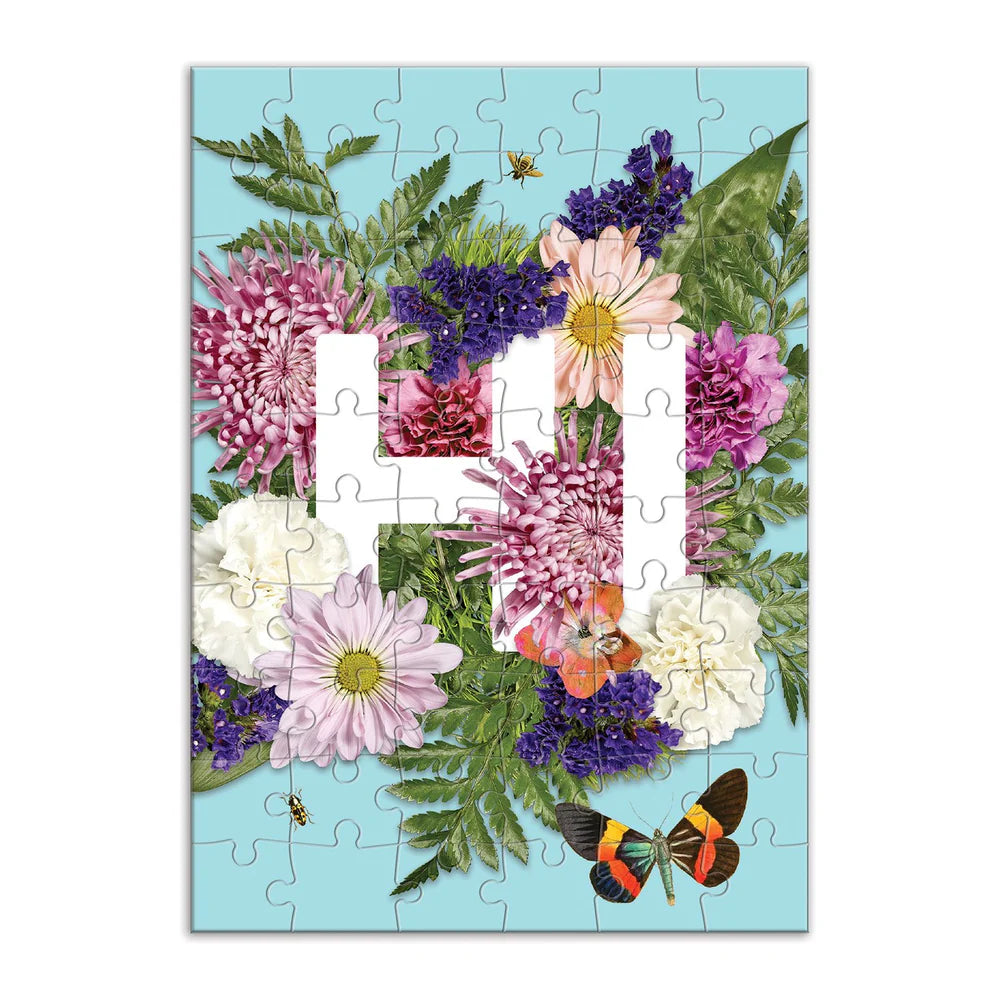 greeting card puzzle with illustration of flowers and a butterfly surrounding the word HI.