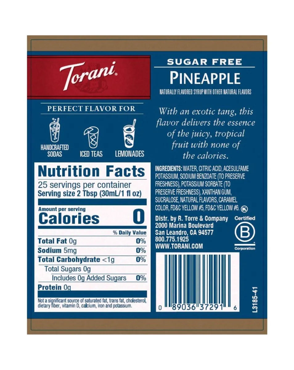 torani sugar free pineapple syrup nutritional label