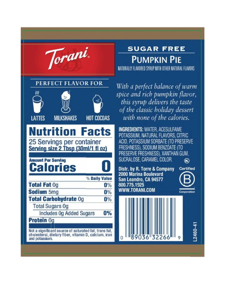 Torani sugar gree pumpkin pie syrup nutritional label