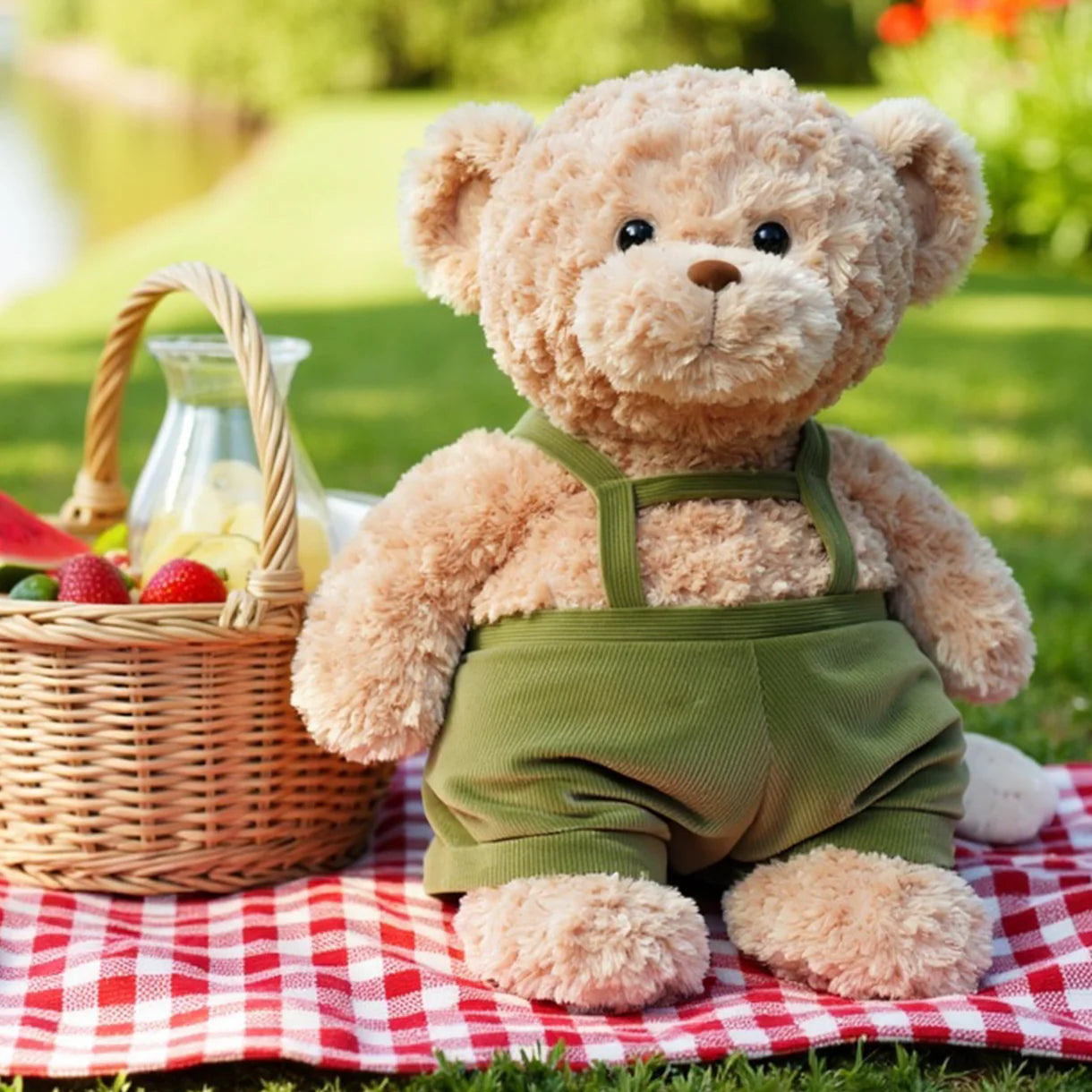 anton teddy bear seated on a red gingham blanket next to a picnic basket