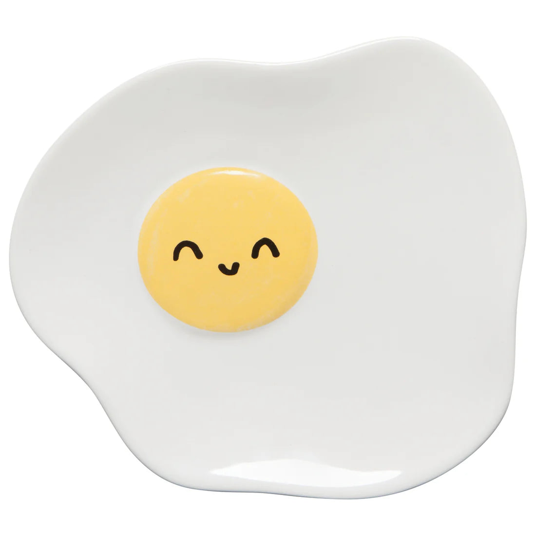 plate shaped like egg whites with yolk of center, yolk has closed eyes and small smile.