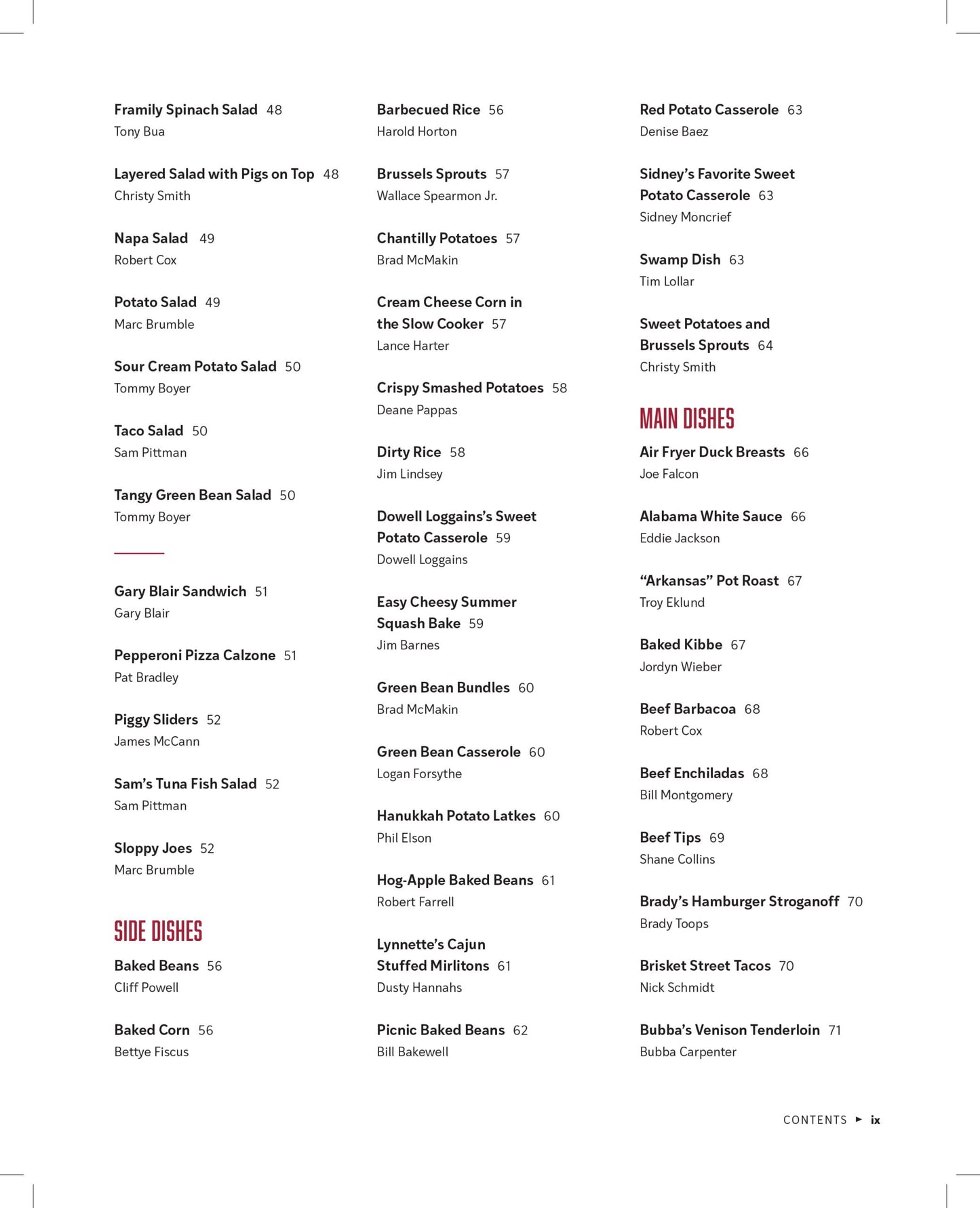 table of contents book page with black text and red headings like side dishes and main dishes