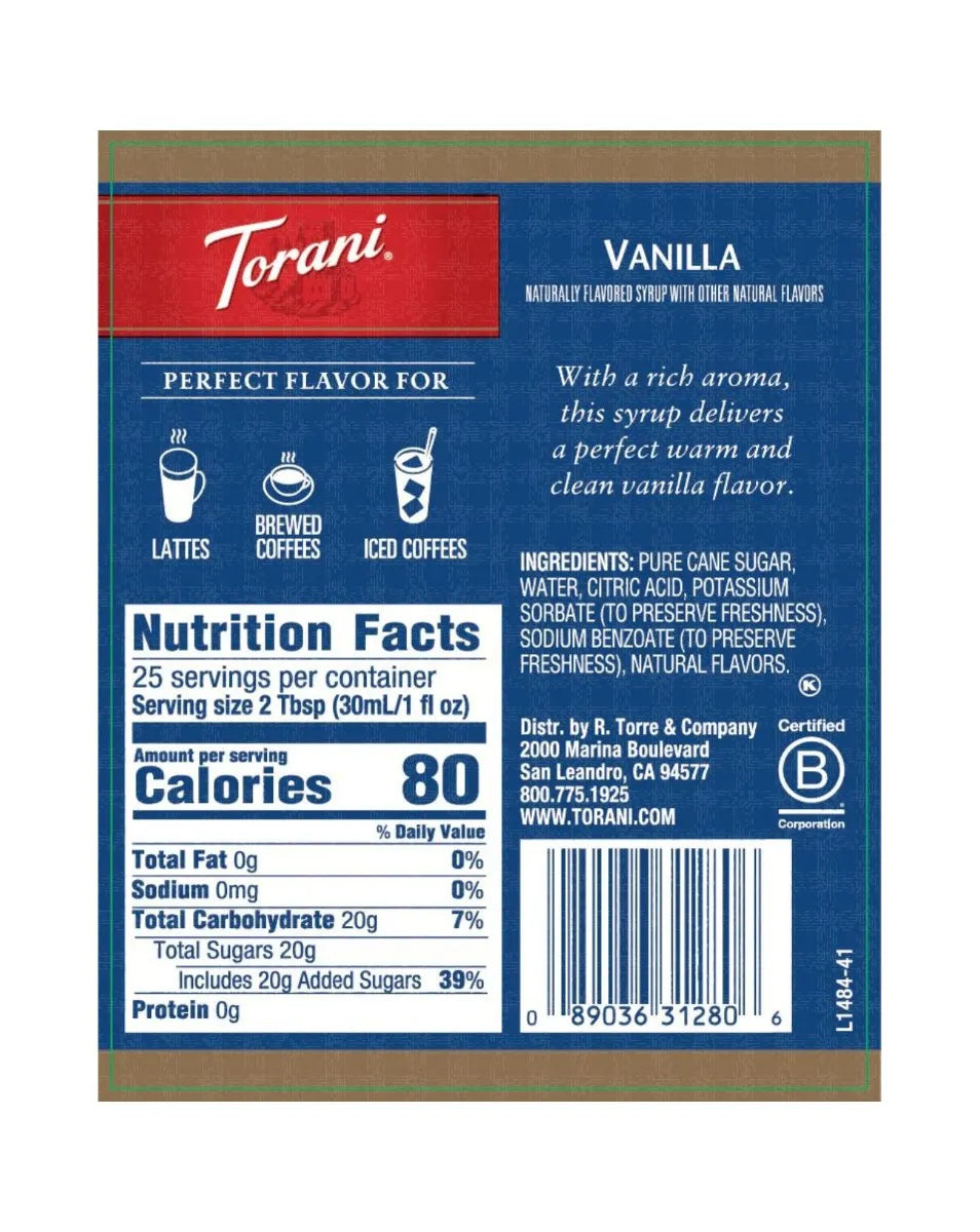 torani vanilla syrup nutritional label