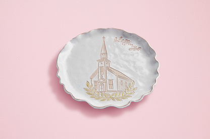 church blessings platter on a pink background.