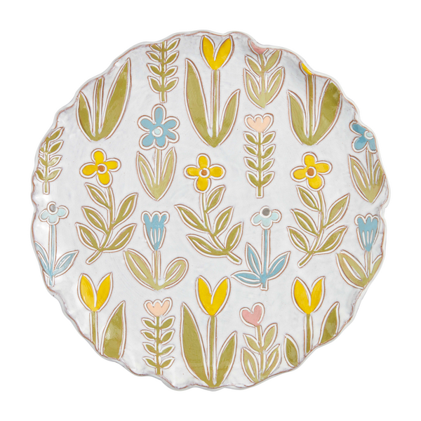 round white platter with a spring flower design on it.