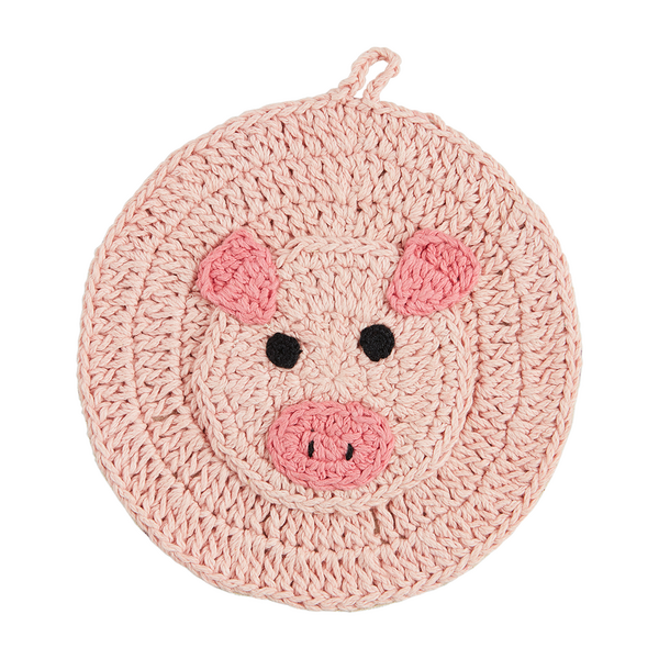 pig face crocheted trivet on a white background.