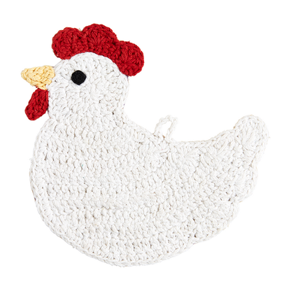 rooster crocheted trivet on a white background.
