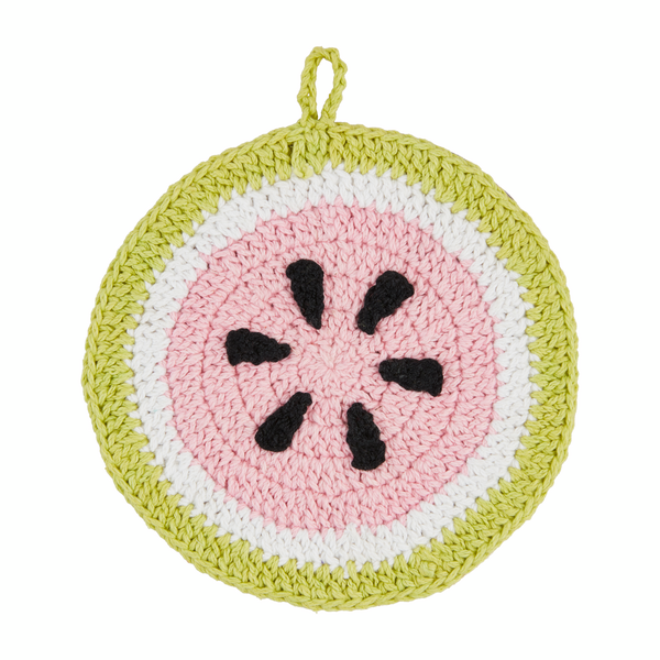 round watermelon shaped crocheted trivet on a white background.