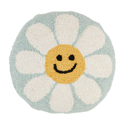 round hooked wool light blue pillow with white daisy that has a yellow smiley face center.