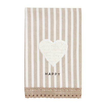 off-white and taupe striped tea towel with crochet trim, a heart, and "happy" on it.