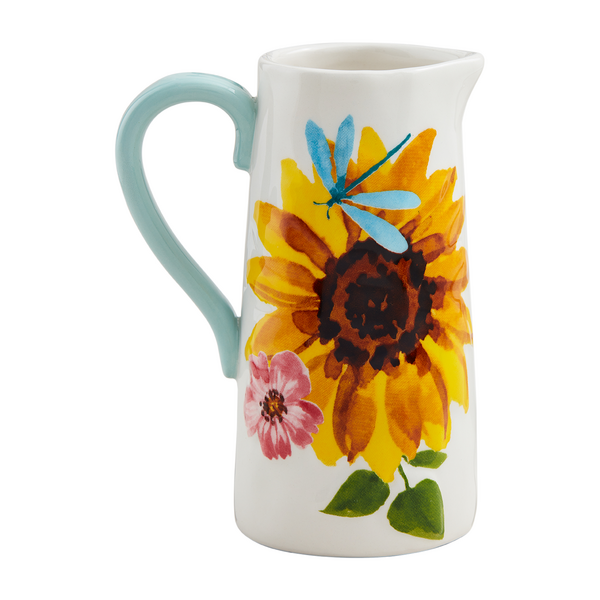 large pitcher vase with a large yellow flower and a small pink flower and a blue dragonfly painted on it.