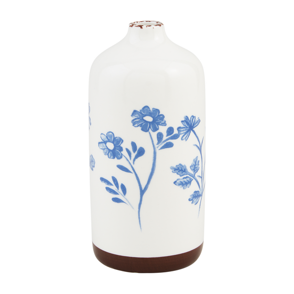 medium white vase with blue flower pattern around the middle.
