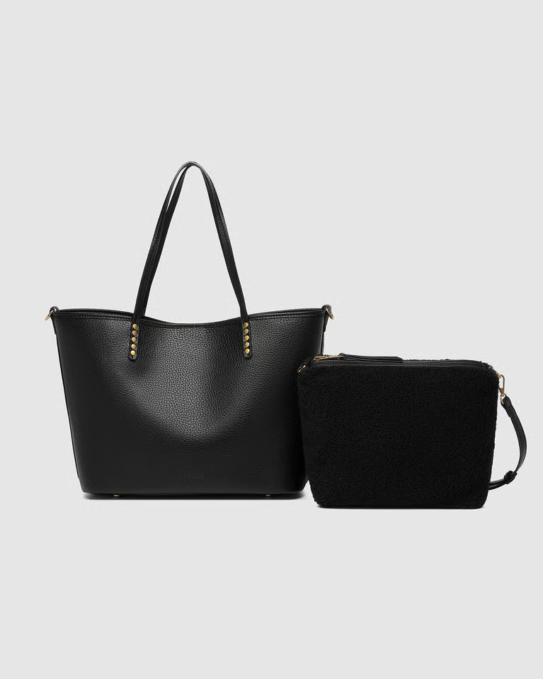 Black tote with matching pouch on a light gray background