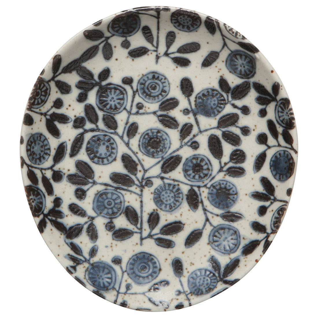 off-white spoon rest with blue floral pattern shown on a white background