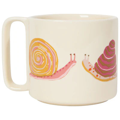 other side of off white mug with snail design.