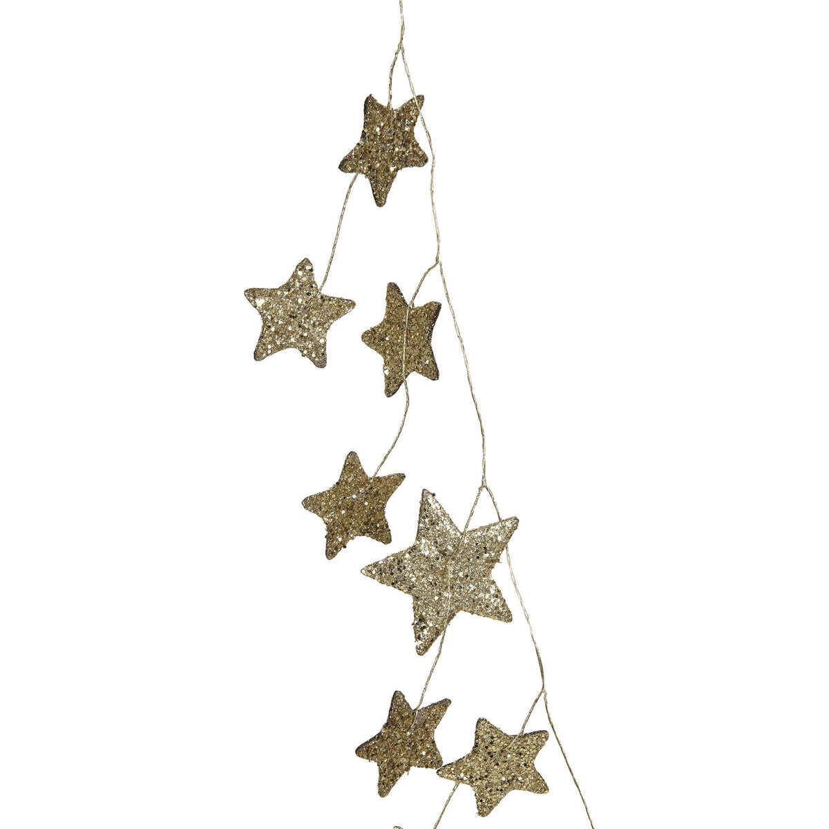 close-up of gold star glitter garland on a white background