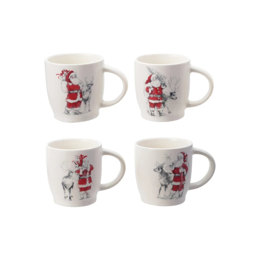assorted Santa & Reindeer Mugs arranged on a white background