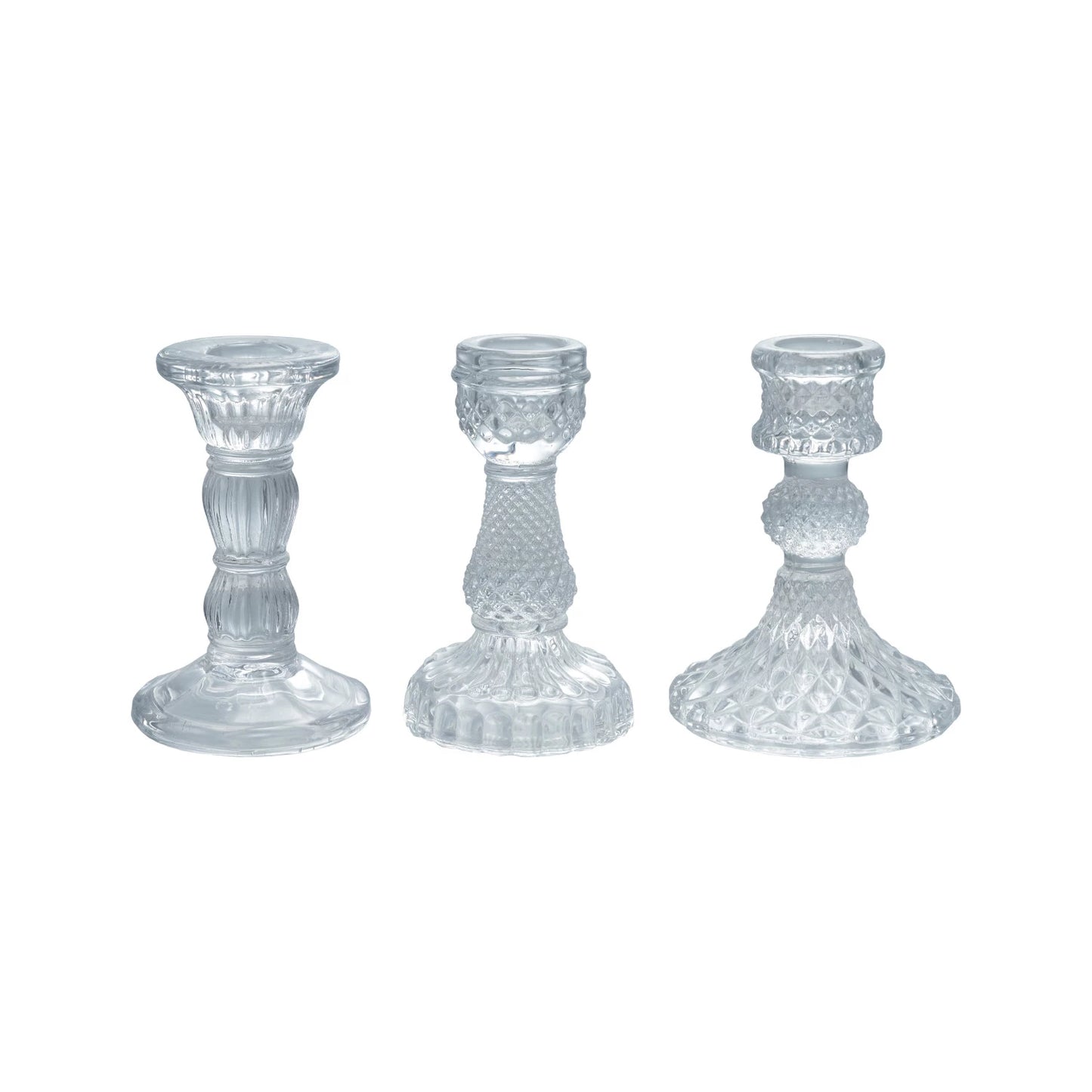 3 Pressed Glass Taper Holders in a row