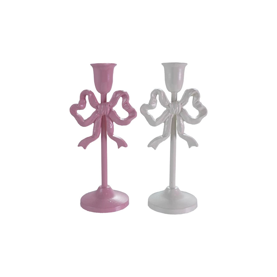 pink and white tall Cast Iron Bow Taper Holders