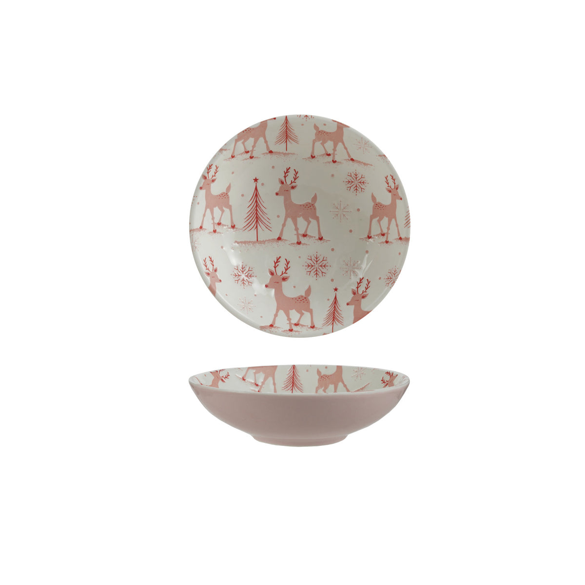top down view and side view of pink and white reindeer pattern bowl
