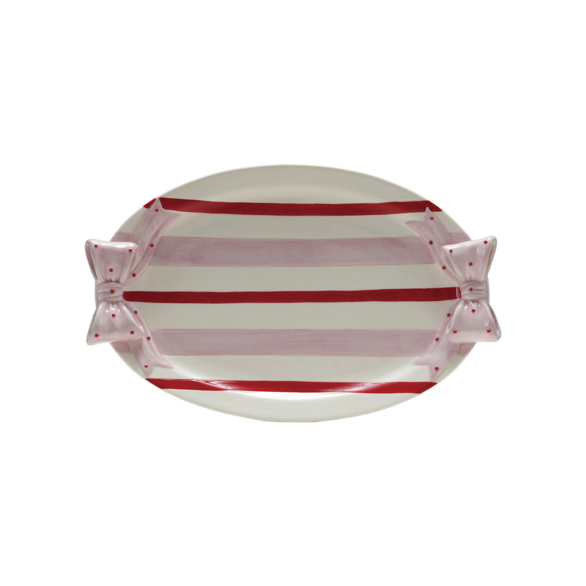 stripe and oval platter with bow handles shown on a white background