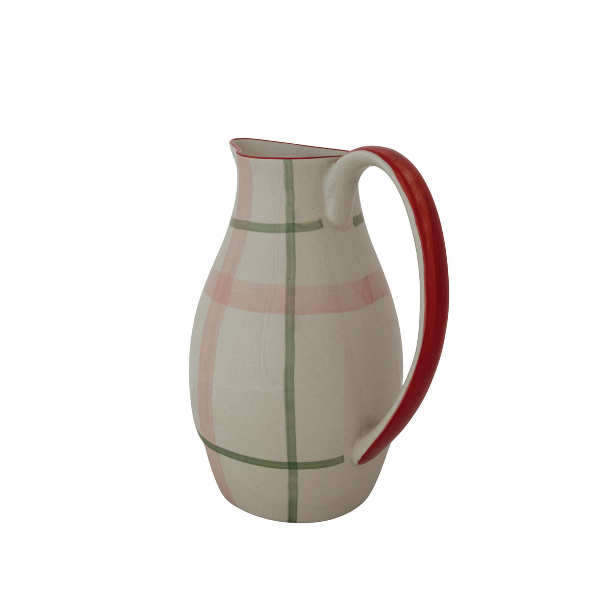 handle angle back view of the Stoneware Pitcher with Plaid Pattern showing red trimmed handle