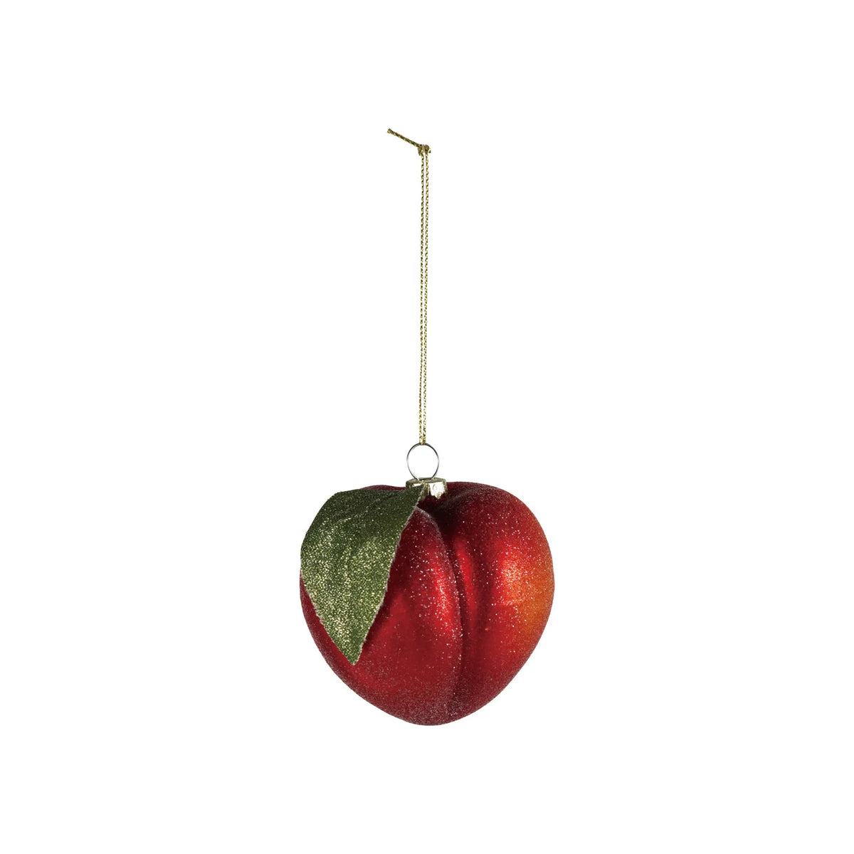 Glass Peach Ornament with green leave and made to look sugar coated