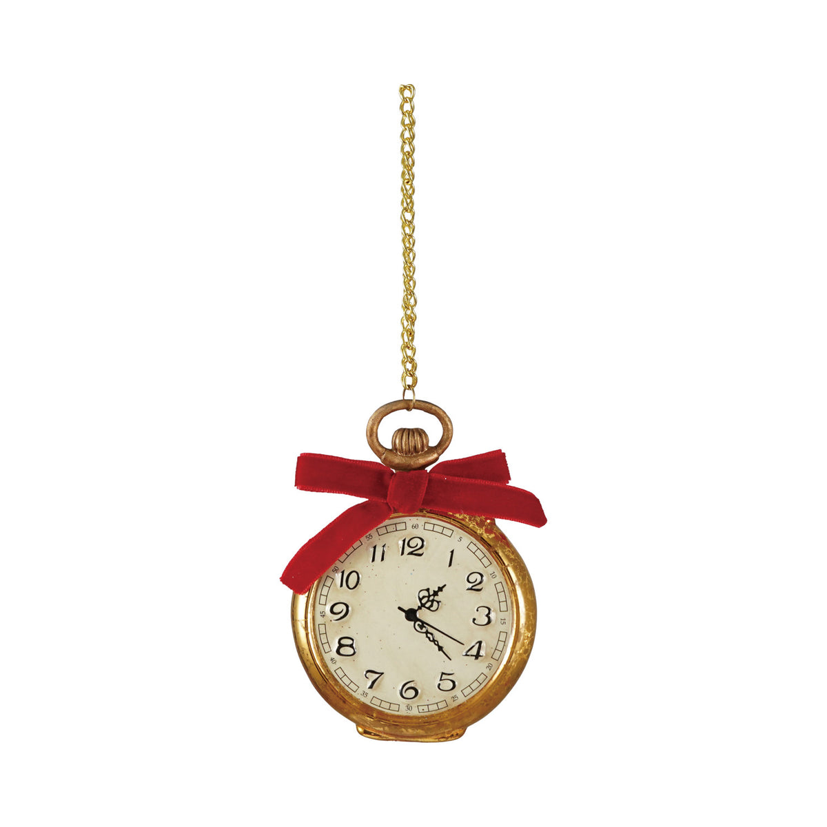 Mercury Glass Pocket Watch Ornament on a white background with the time reading 1:23.