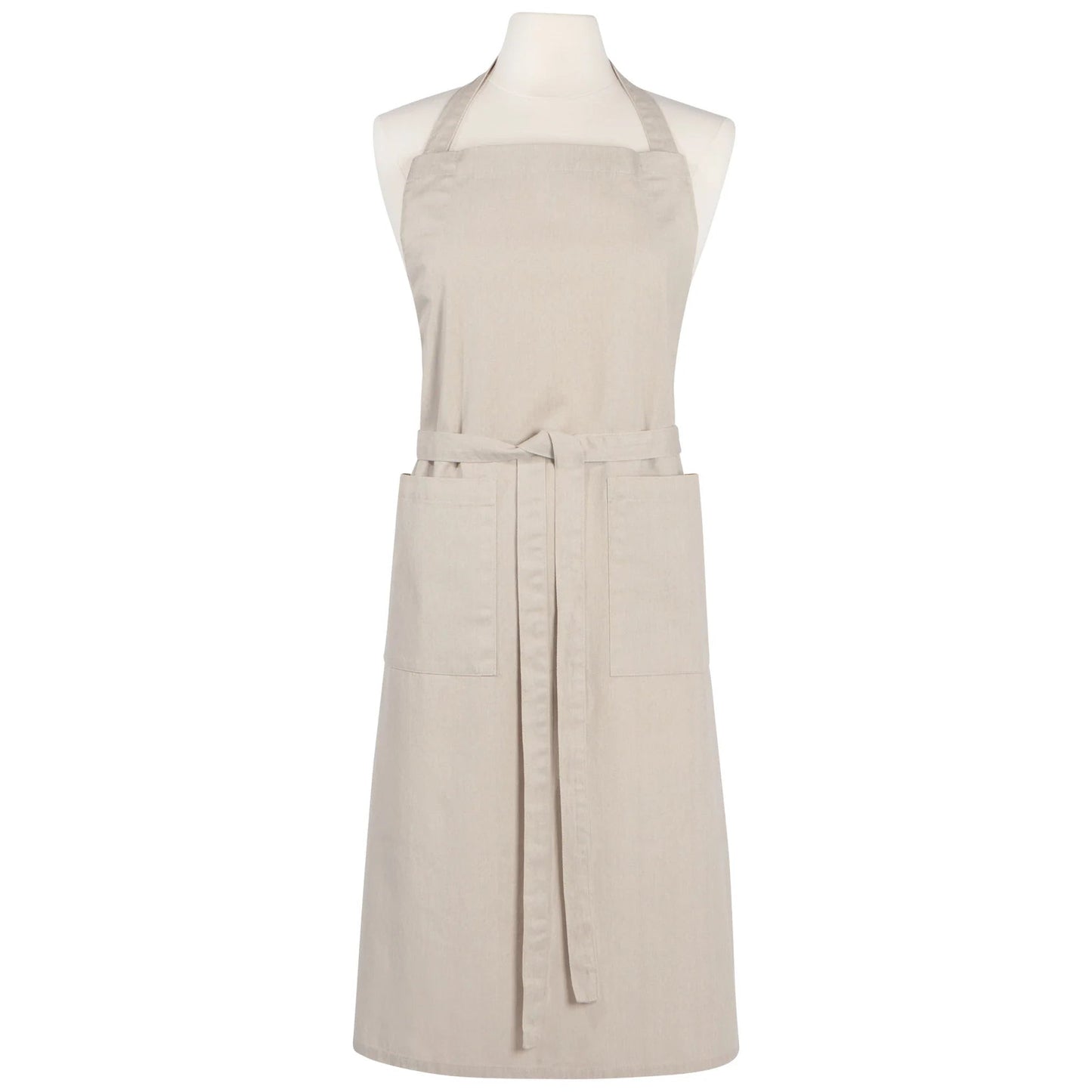 A grey cotton apron with front pockets and adjustable neck strap on a mannequin.