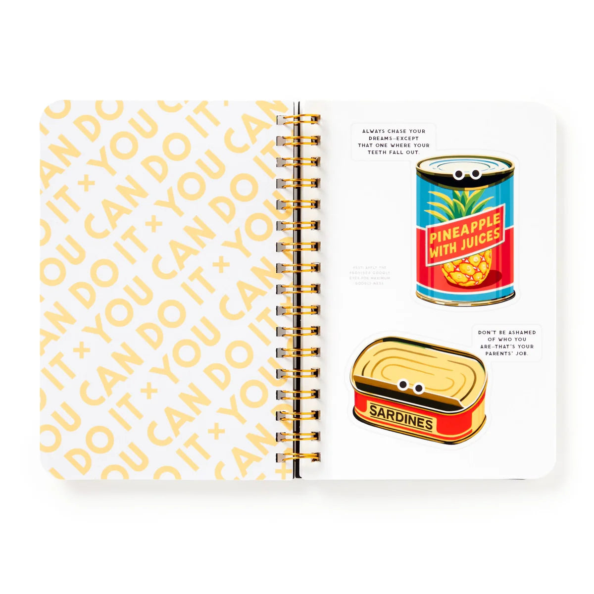 Spiral-bound book with vintage-style canned food stickers on a white background