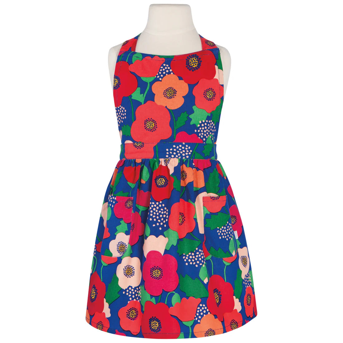 blue apron with orange and red poppy design on a small mannequin.