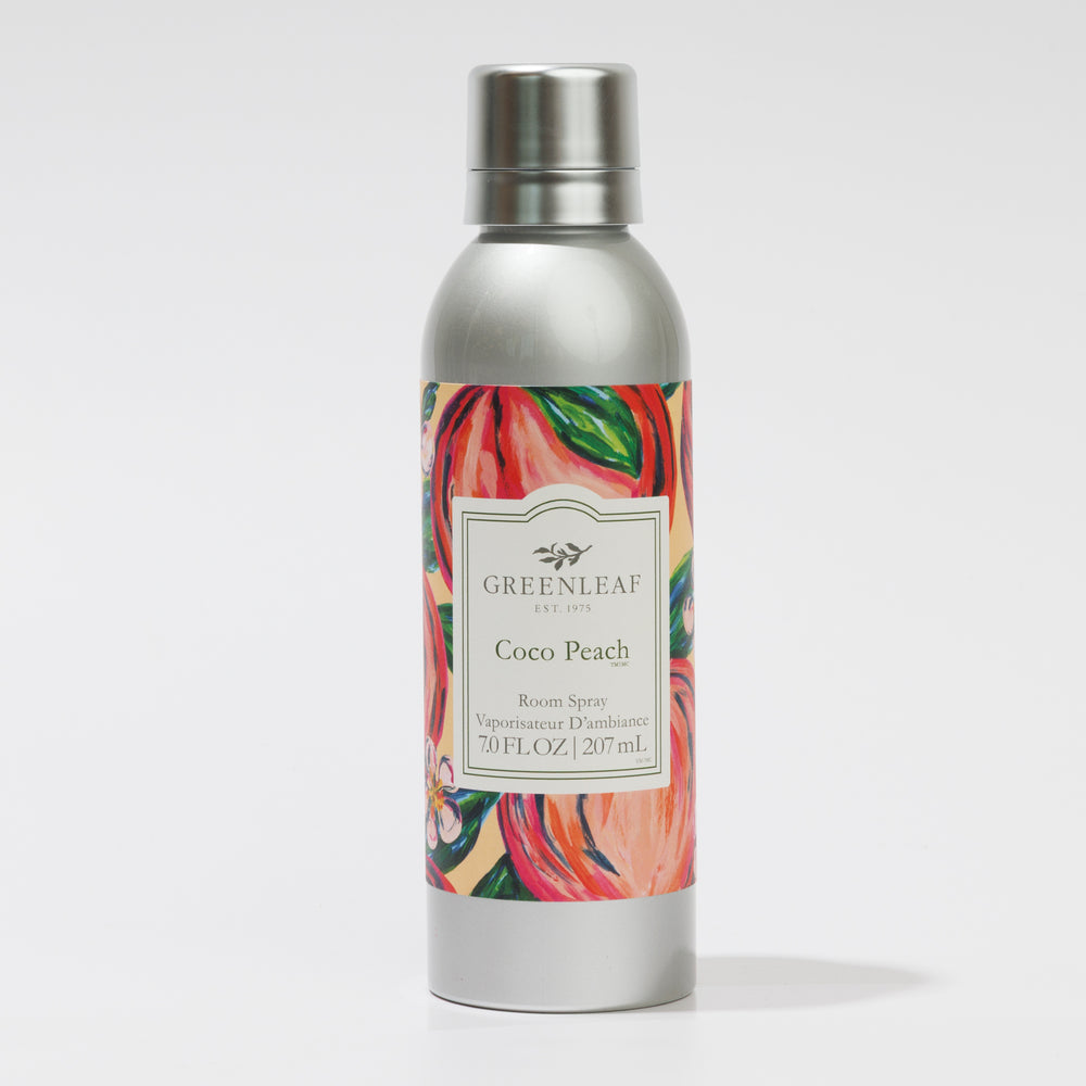 greenleaf coco peach room spray on a white background