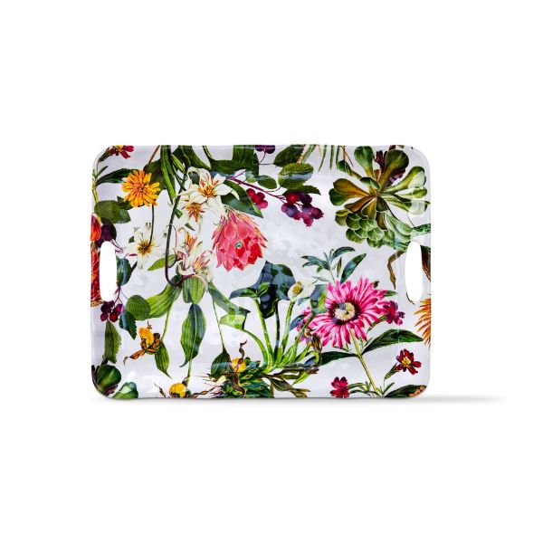 white melamine tray with in set handles and a colorful floral design.