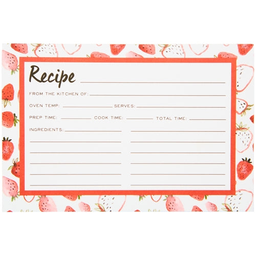 white recipe card with strawberry boarder.