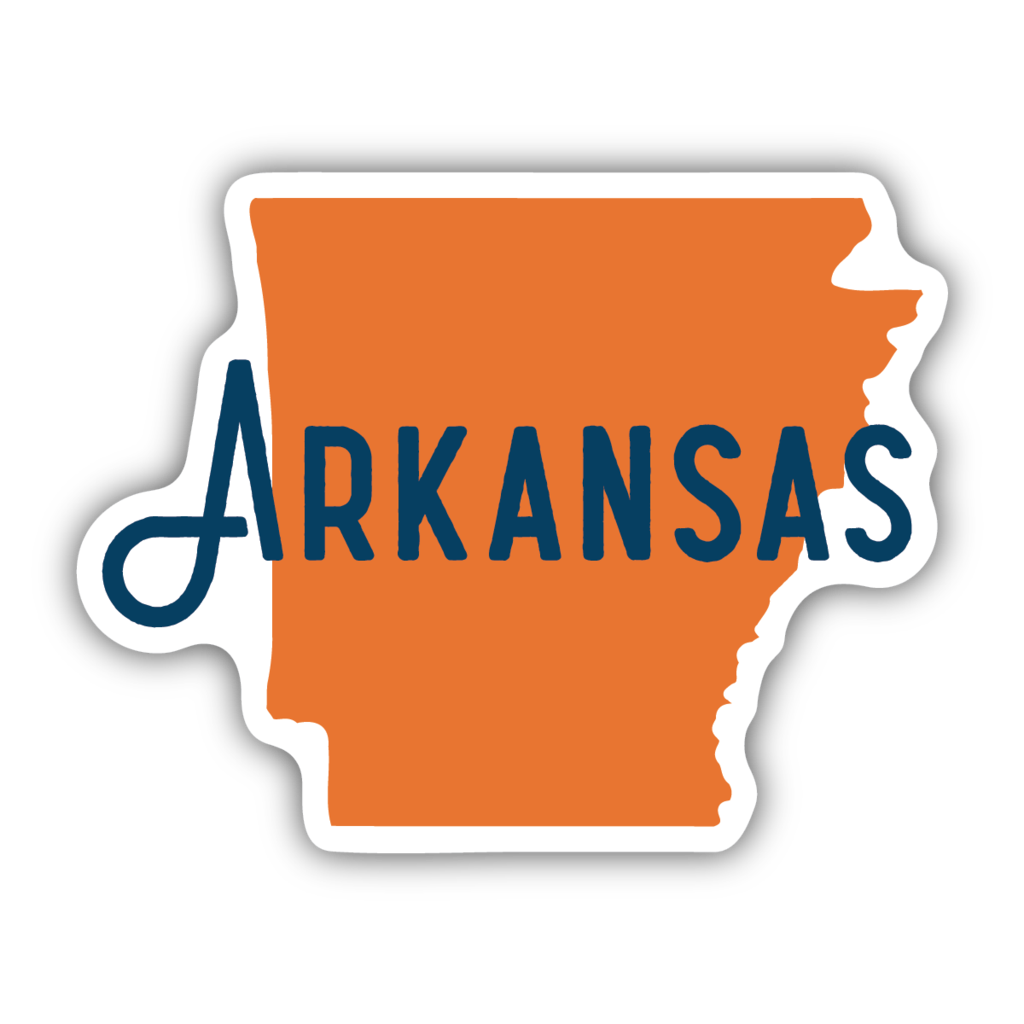 orange state shape of Arkansas with blue text "Arkansas"