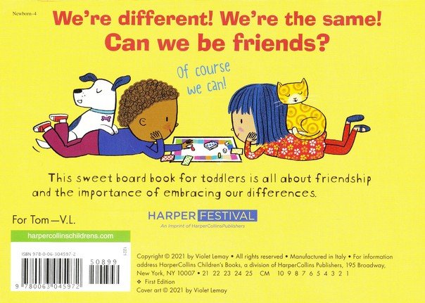 back of book is yellow with a boy and girl lying on the tummies playing a game