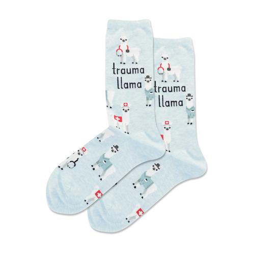 women's trauma llama socks are pale blue with llamas all over and displayed against a white background