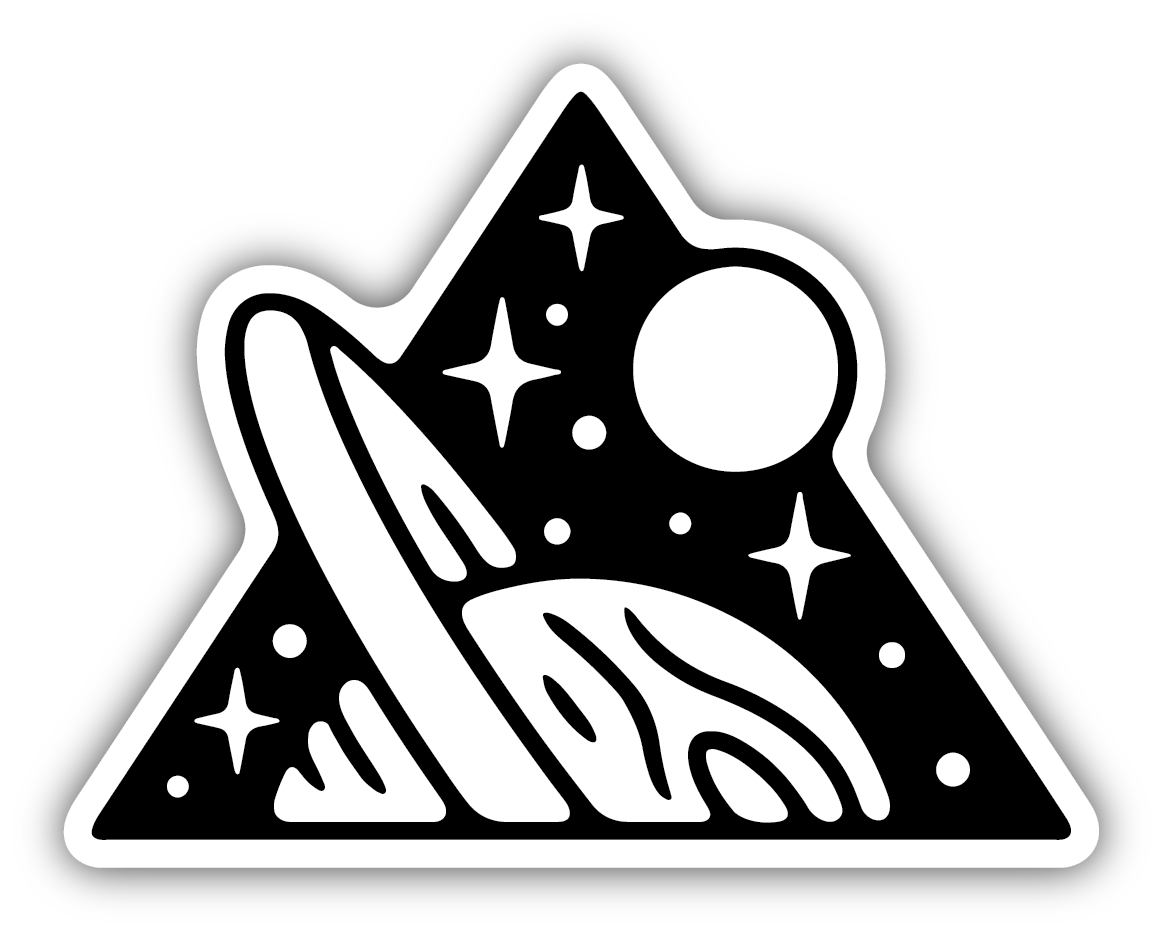black triangle filled with white planet, moon, and stars