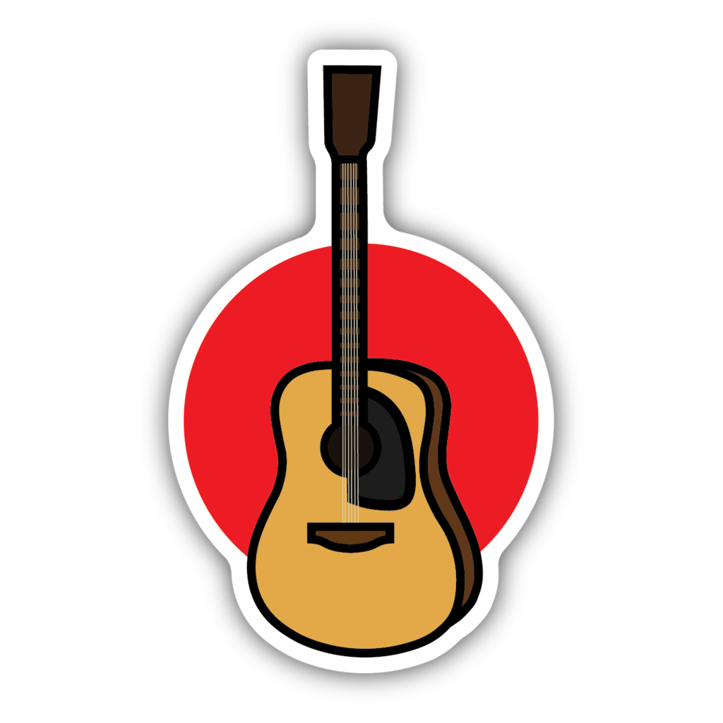 cartoon stylized guitar with red circle behind it