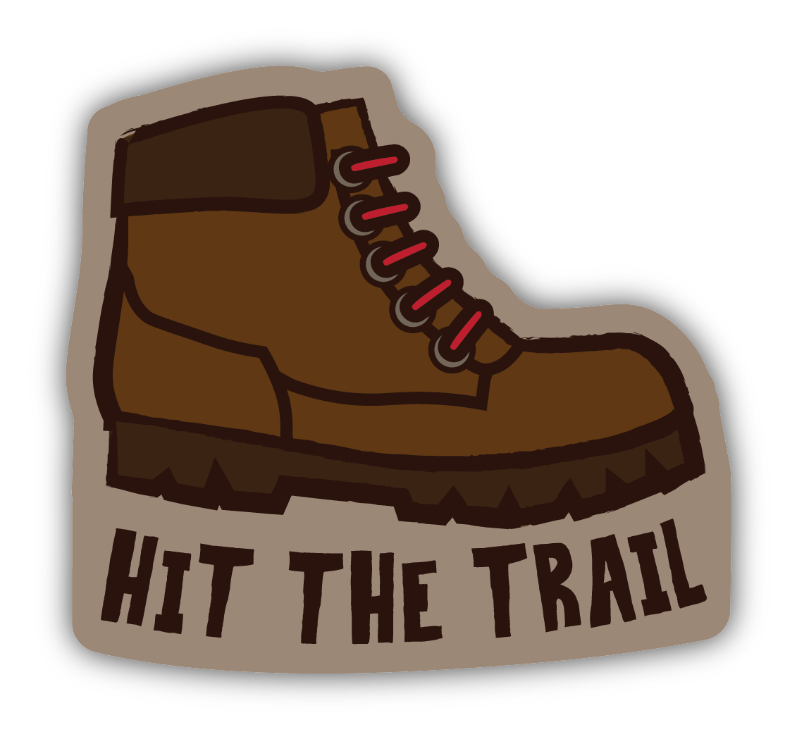cartoon stylized brown hiking boot with text below: "hit the trail'