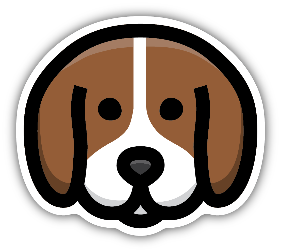 sticker on white background. sticker has graphic of brown and white dog face with long ears hanging down.