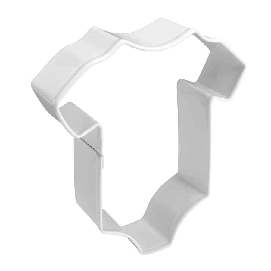 side view of onesie shaped metal cookie cutter.