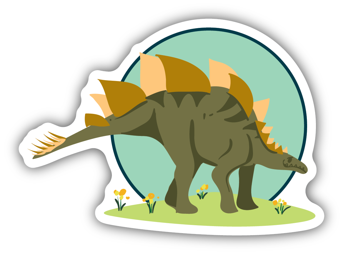 cartoon stylized dinosaur standing in flowers with blue circle in background